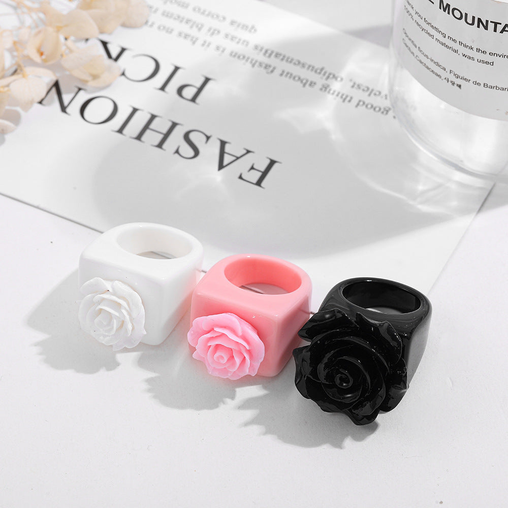 Asian Culture Black White Rose Resin Fashion Pink Decorative Punk Ring