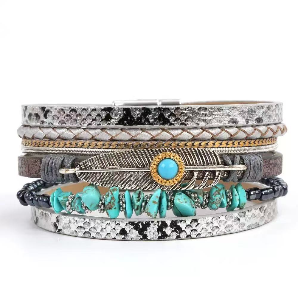 Women's Bohemian Style Gravel Feather Leather For Bracelet