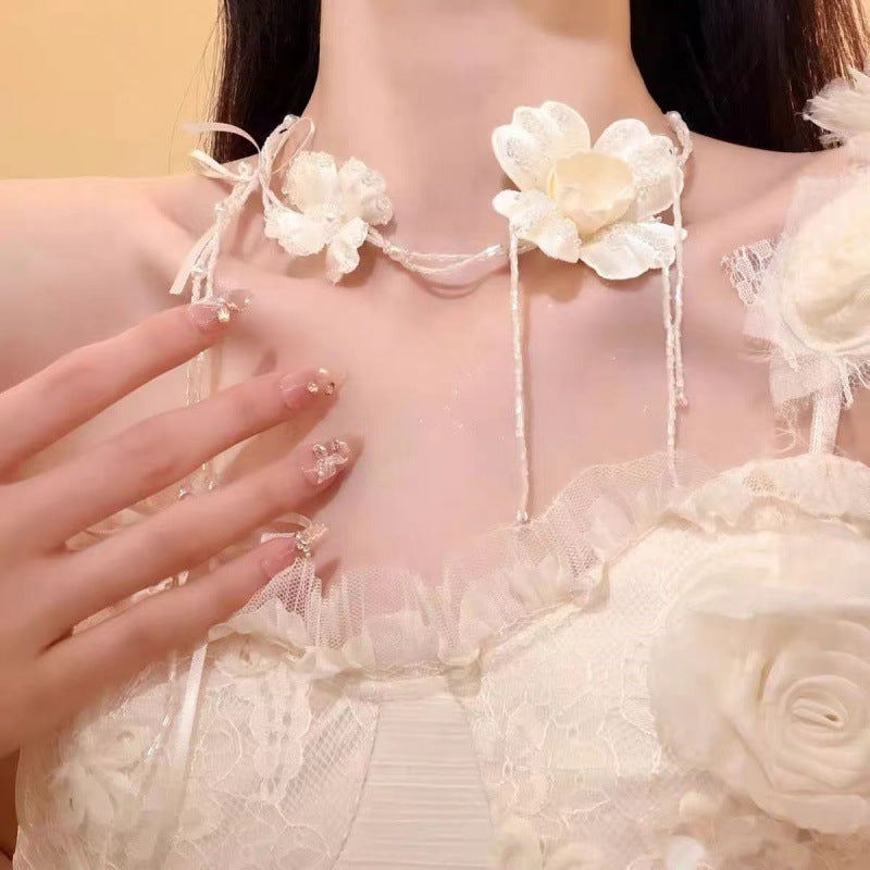 Fairy Handmade Flower Beaded Clavicle Chain Bow Tassel Bridal Wedding Necklace