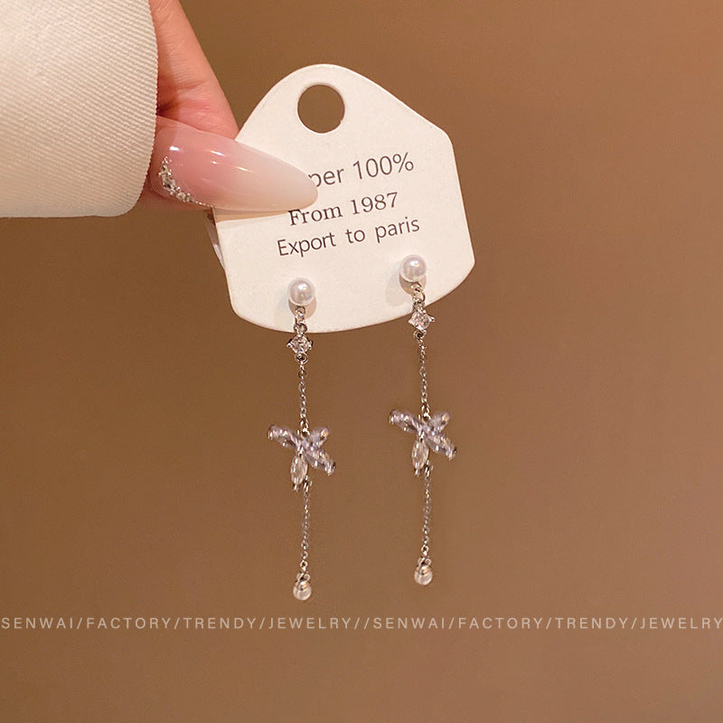 Women's Light Luxury Butterfly Zircon Long Tassel For Beautiful Asymmetrical High Earrings