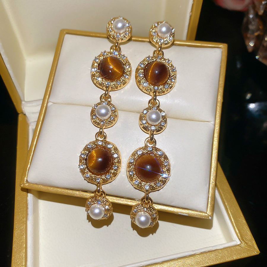 French Flash Zircon Flower Pearl Light Luxury Earrings