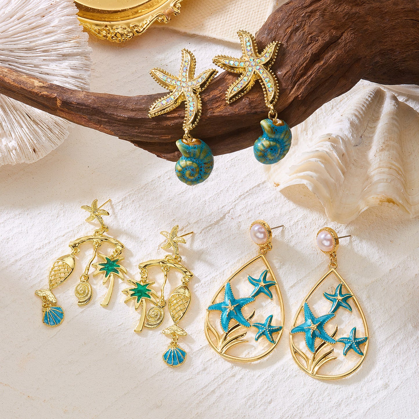 Summer Ocean Series Full Diamond Starfish More Than Coconut Tree Earrings
