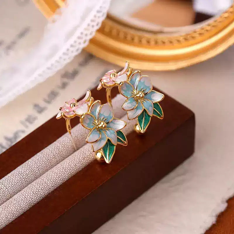 Enamel Colored Drip Glaze Flower Shaped Sier Pin High-grade Earrings