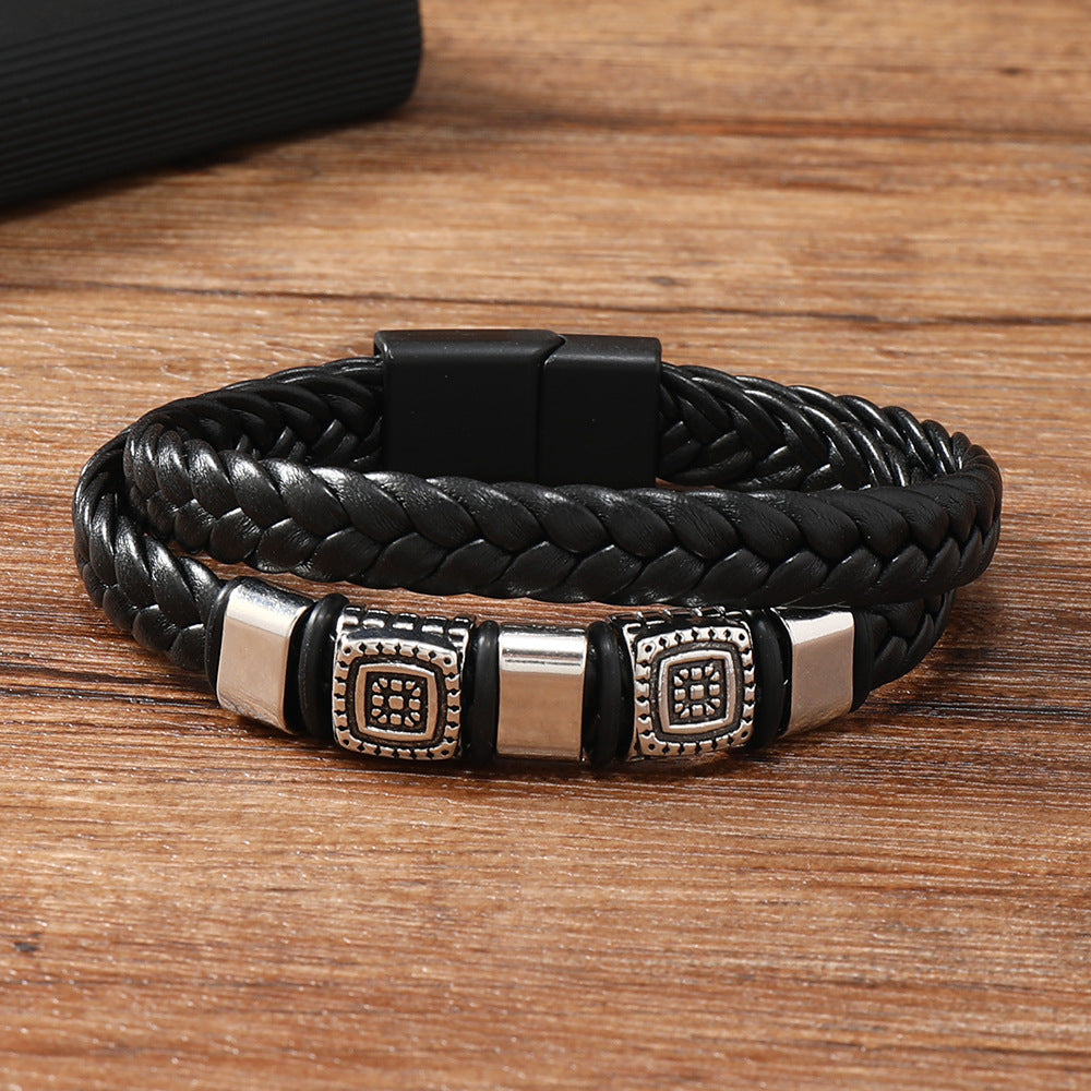 Personality Geometry Square Pattern Leather Magnetic Buckle Alloy Bracelet