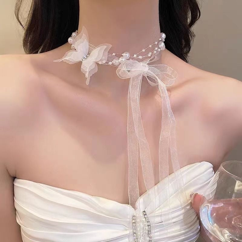 Butterfly Pearl Ribbon Female Niche High-grade Clavicle Chain Collar