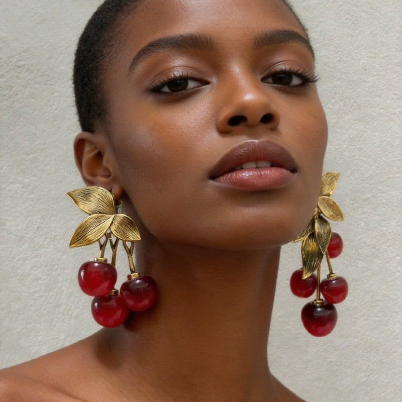 Women's Distressed Metal Leaf Resin Fruit Light Luxury High-grade Fashionable Earrings