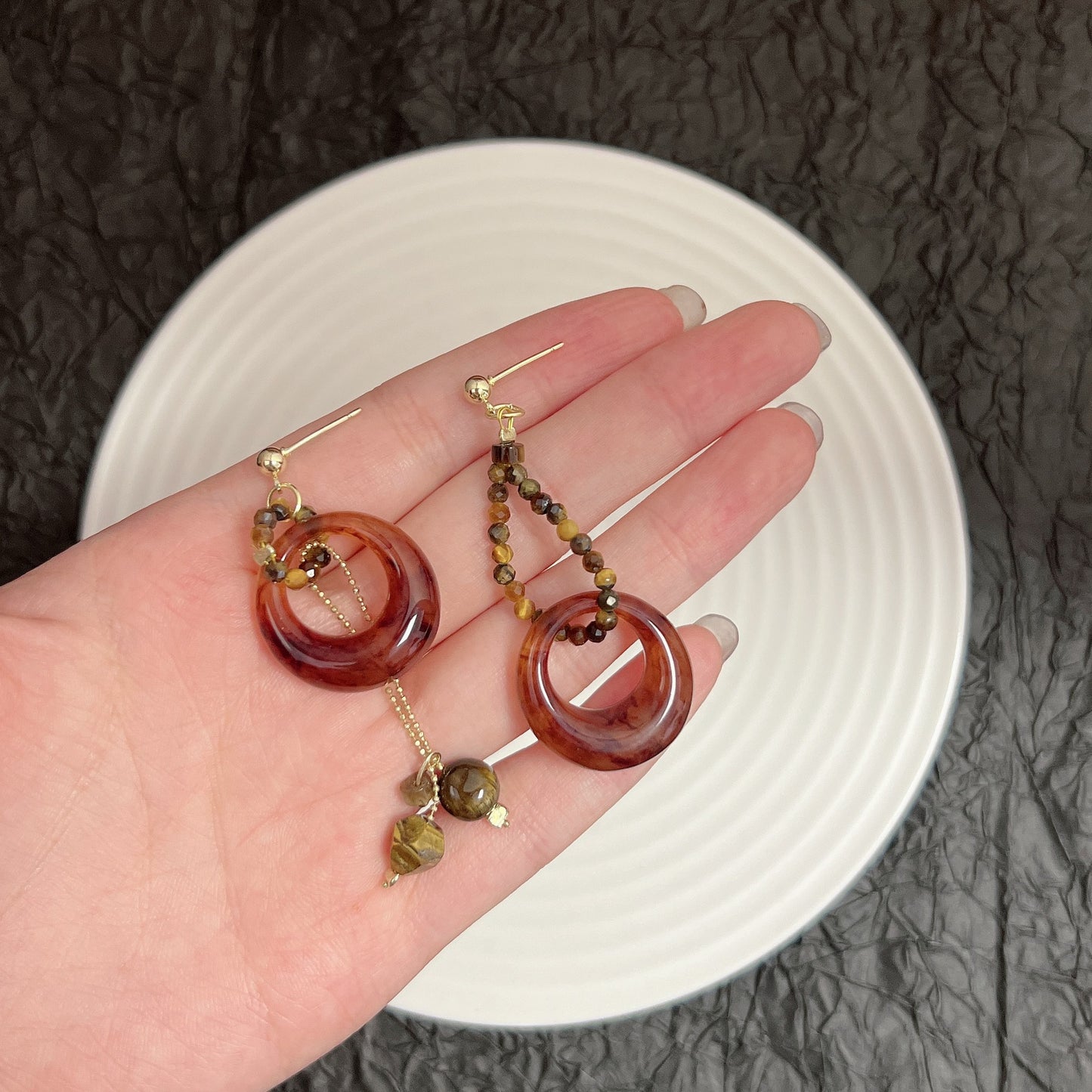 Women's Tigereye Asymmetric Beaded Ethnic Style Fashionable Design Sense Earrings