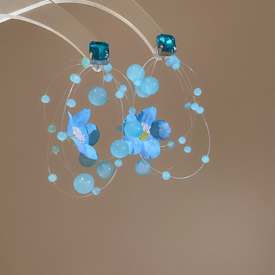 Women's Fresh Blue Fabric Flower Tassel Seaside Vacation Style Light Stud Earrings