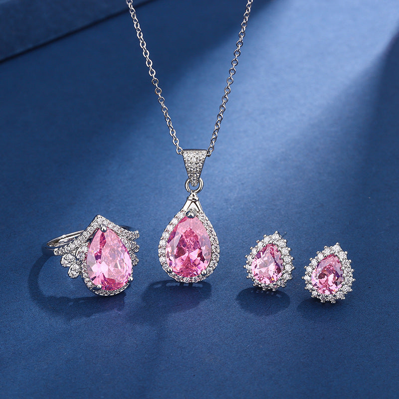 Live Broadcast Three-piece Colored Gems Ear Combination Personality Necklaces
