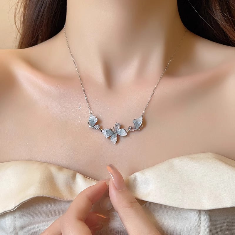 Style Temperament Crystal Butterfly Niche Design Blue Gradient Necklaces