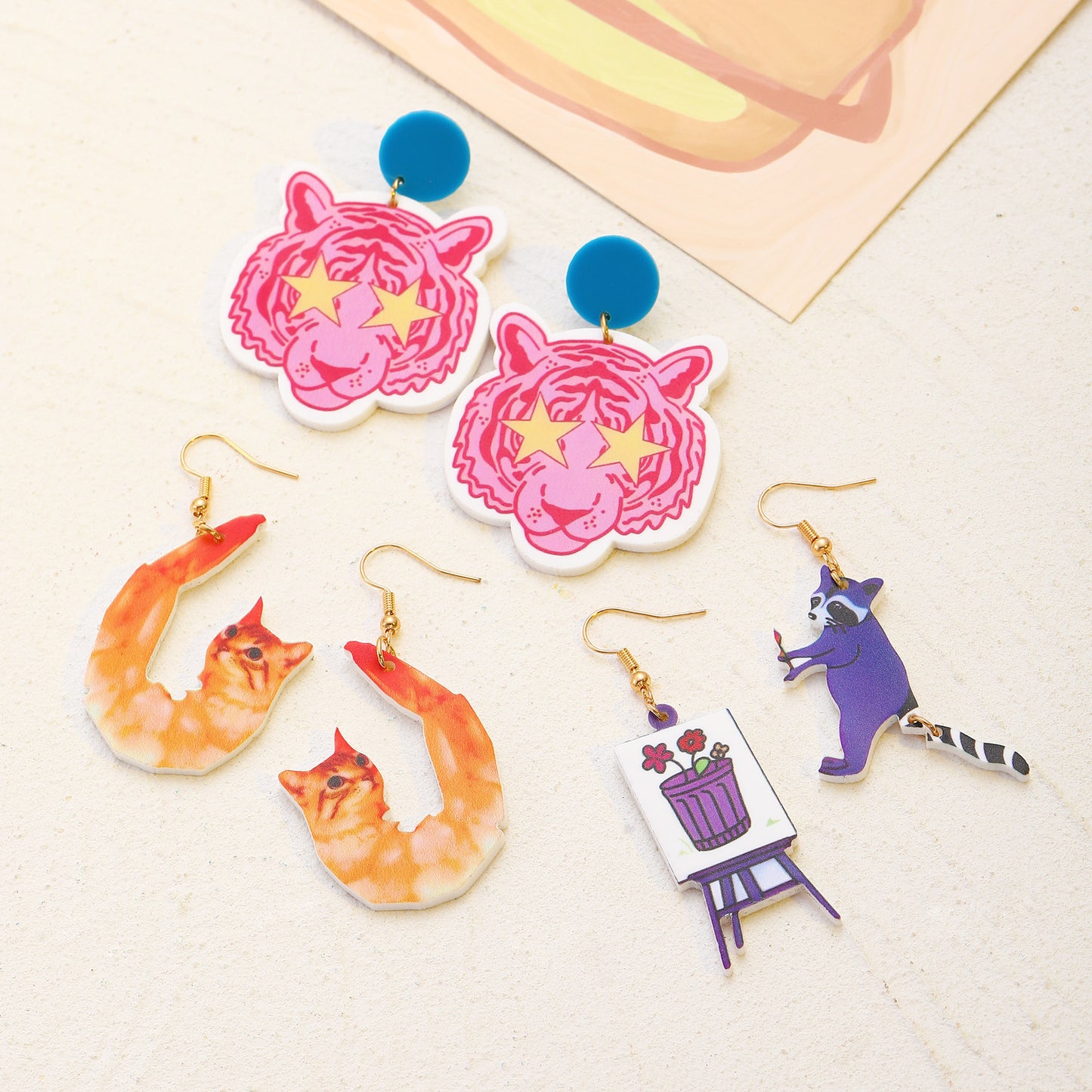 Design Tiger Head Shrimp Cat Garlic Duck Earrings