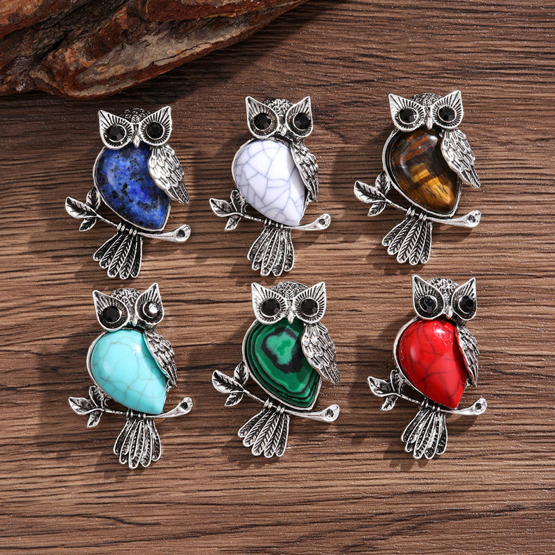 Natural Stone Crystal Owl Brooch Cute Brooches