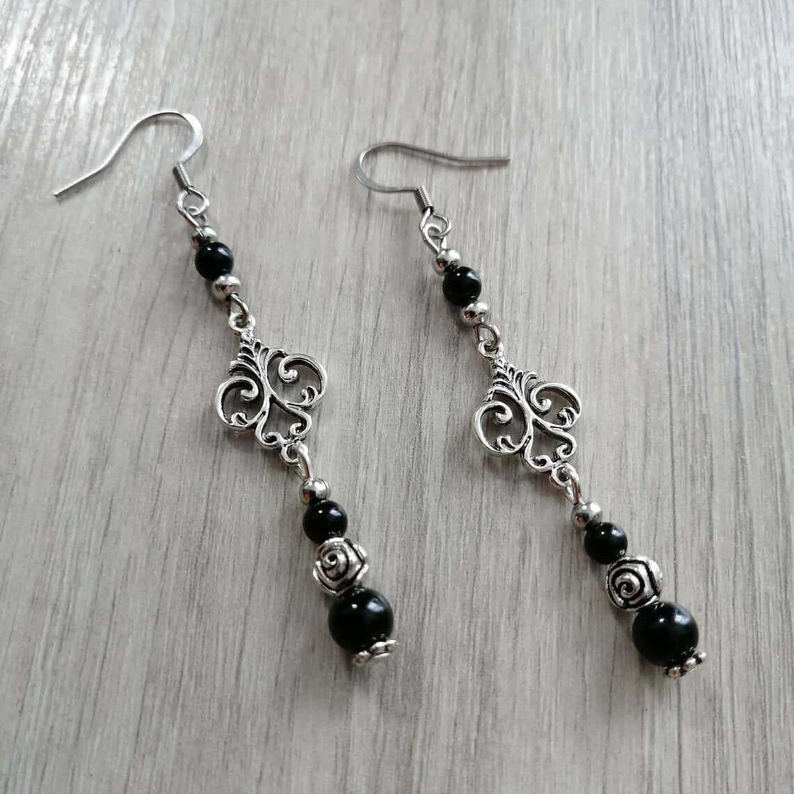 Onyx Agate Black Natural Stone Gothic Style Victorian Earrings