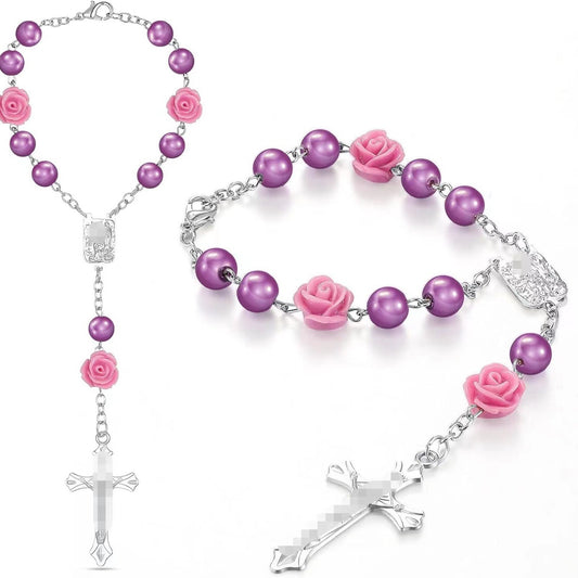 Baptism Communion Beads Cross Pink Flower Bracelets