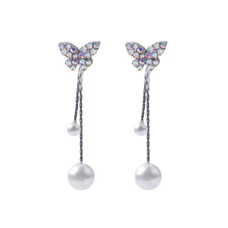 Women's Elegant Flexible Butterfly Long Personality Trendy Pearl Earrings