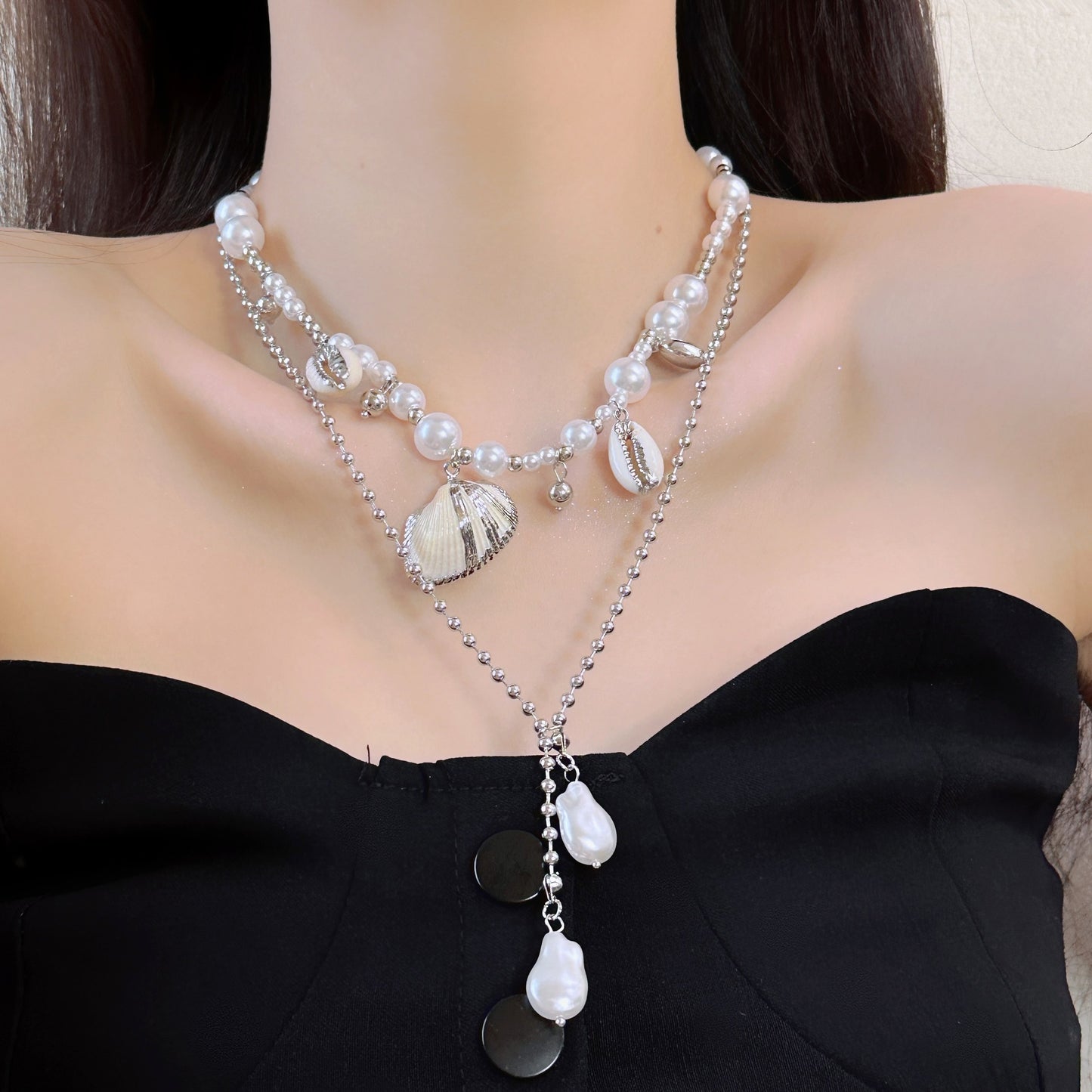Shell Conch Pearl Double Layer Twin Graceful Fashionable Necklace