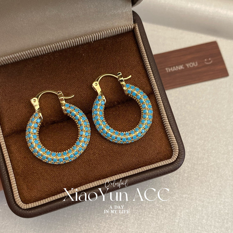 Turquoise Micro Inlaid Zircon Geometric Hoop Cold Wind Ear Niche Earrings