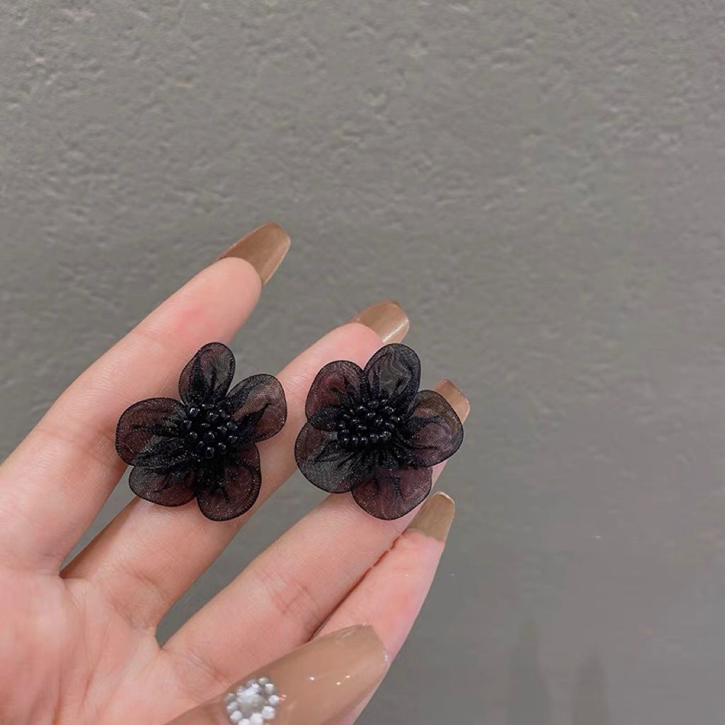 Women's White Fabric Flower High-grade Sweet Stainless Steel Earrings