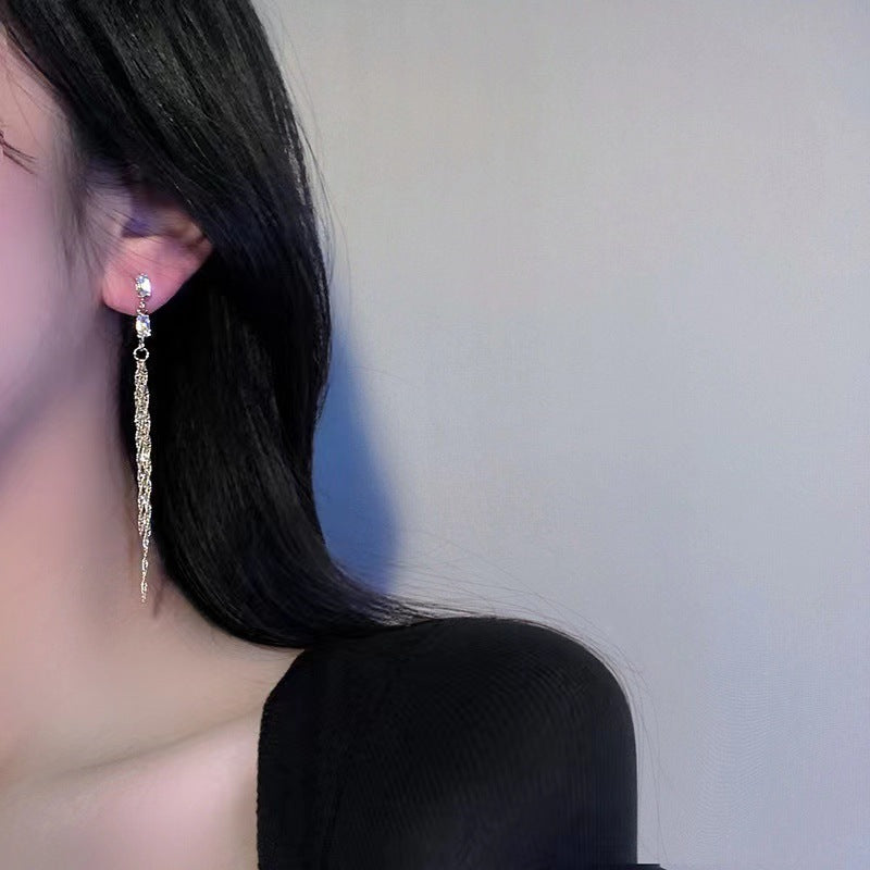 Women's Trendy Long Tassel Square Zircon Simple Design Frosty Earrings
