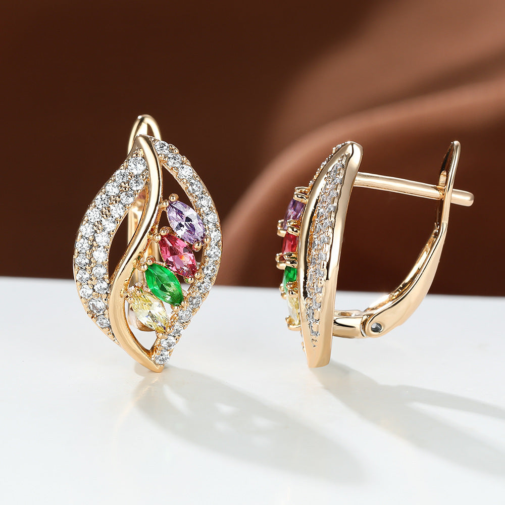 Green Empty Female Champagne Gold Four Diamond Leaf Micro High Stud Earrings