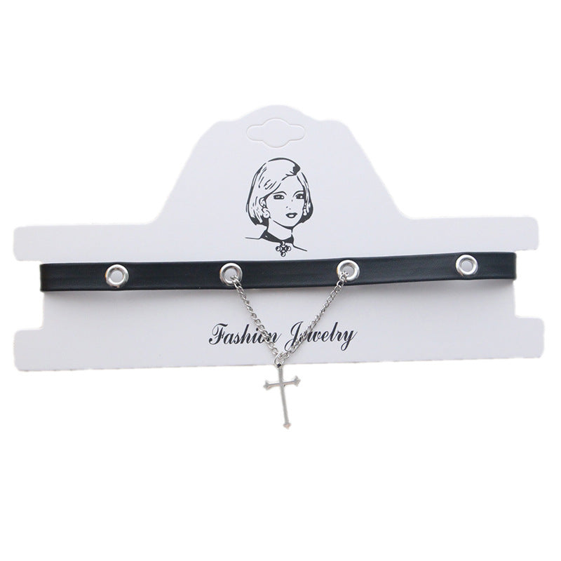 Women's Red Thin Hot Dark Cross Leather Love Twin Necklaces