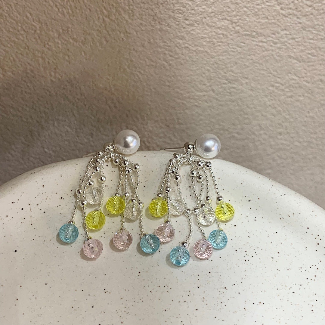 Style Niche Color Crystal Tassel Long Fashionable Dopamine Indie Pop Stud Earrings