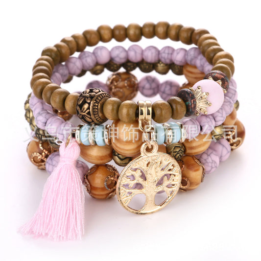 Bohemian Ethnic Wooden Bead Beaded Elastic Bracelets