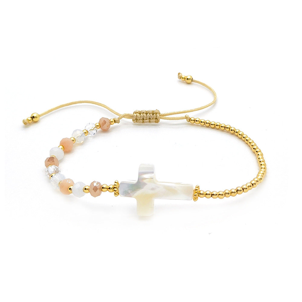 Women's Wind Simple Crystal Handmade Beaded Natural Shell Cross Woven Bracelet