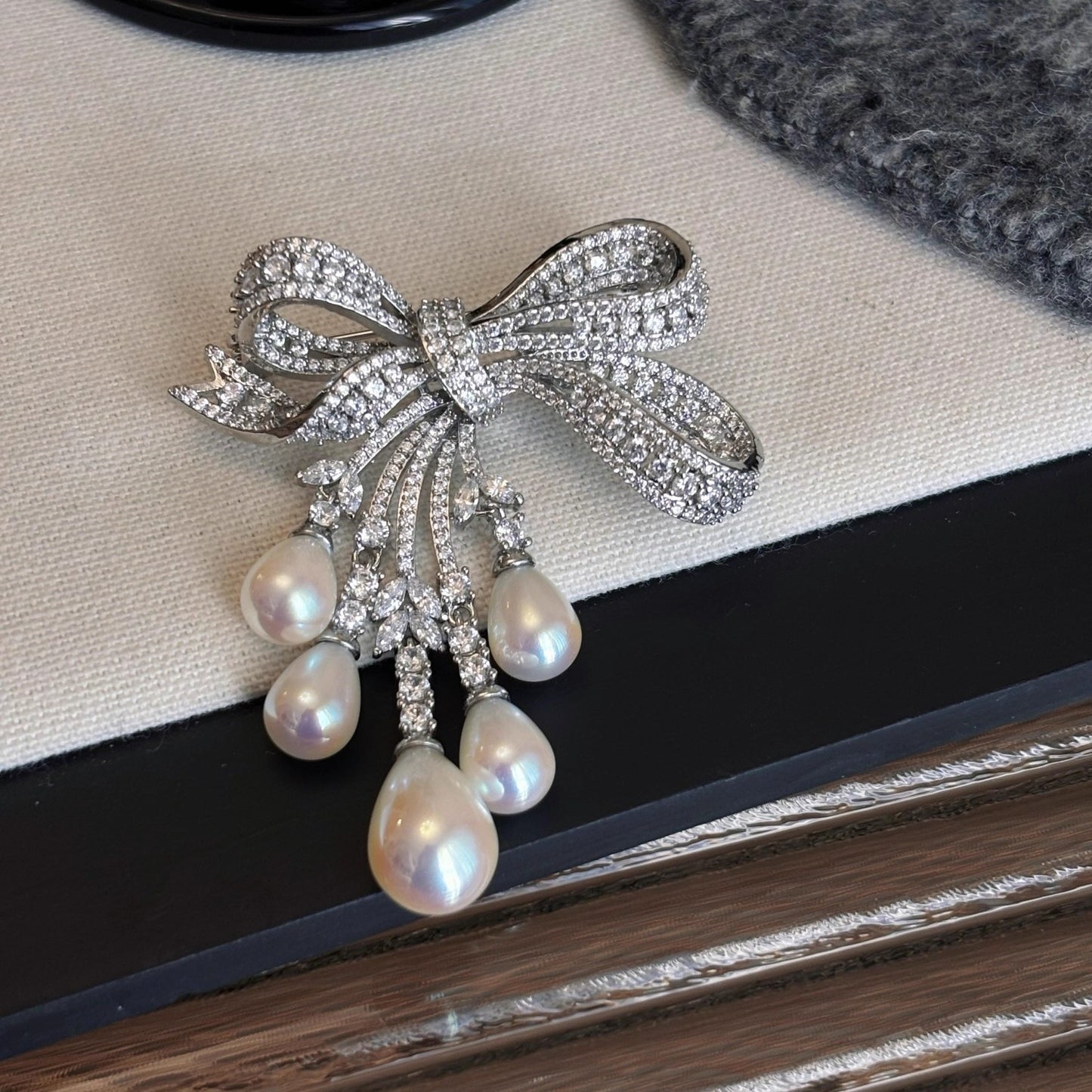 French Entry Lux Full Diamond Bow Tassel Brooch Refined Brooches