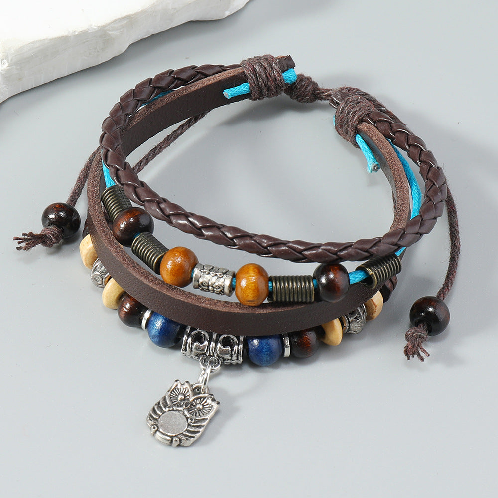 Vintage Beaded Cattle Leather Adjustable Personality Owl Pendants