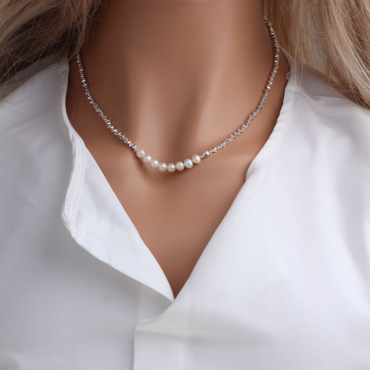 Freshwater Pearl Geometric Irregular Chain Broken Sier Several Necklaces