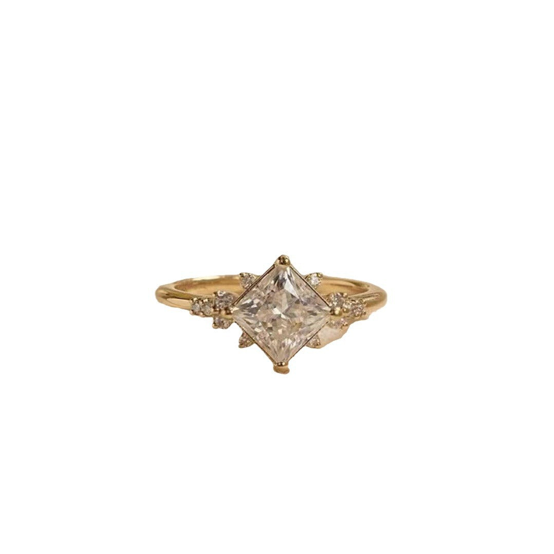 Inlaid Square Diamond Zircon Gold Engagement Ring