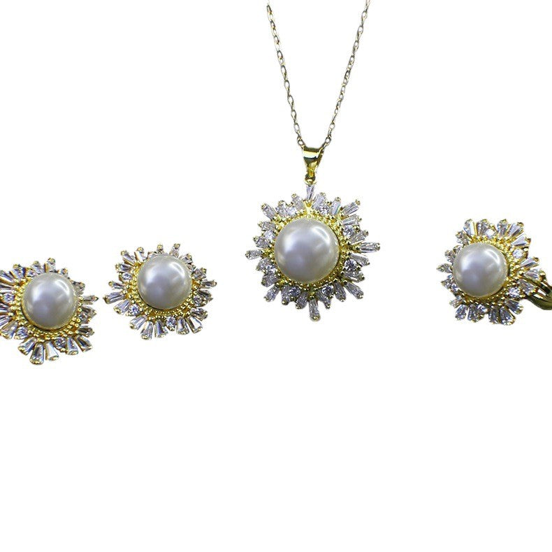 Women's Korean Style Rhinestone Pearl Snowflake Fashion Temperament Micro Three-piece Necklaces
