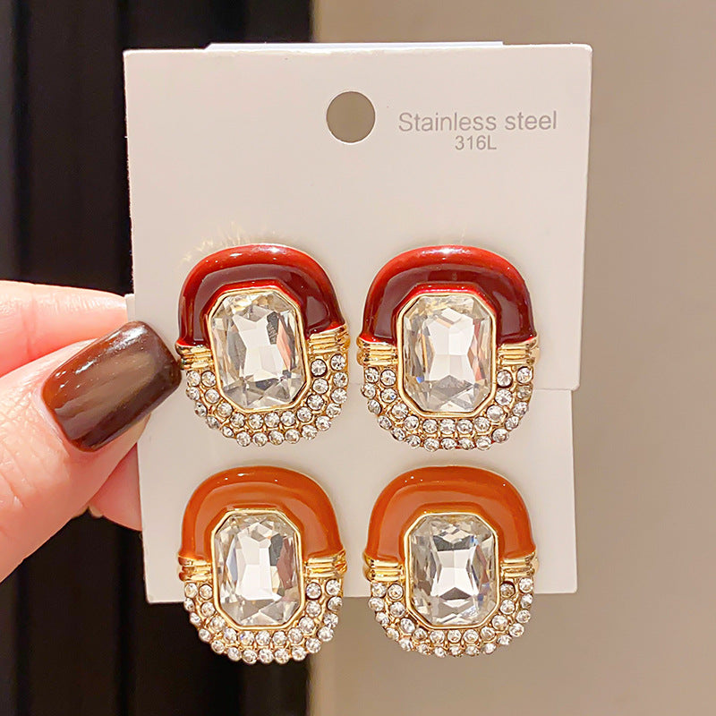 Sier Needle Light Luxury Diamond Drop Oil Oval Retro Fashion Stud Earrings
