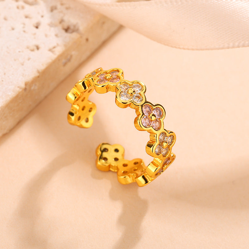 Luxury Copper Inlaid Color Diamond Clover Open Adjustable Elegant Ring