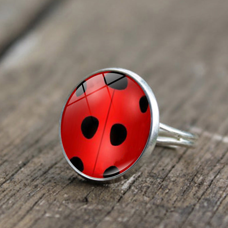 Round Polka Dot Time Stone Cartoon Anime Ladybug Brush Printed Ring
