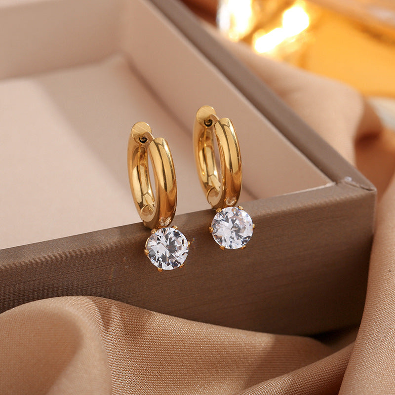 Women's Simple Durable Temperament Basic Single Diamond Mini Titanium Steel Gold Earrings