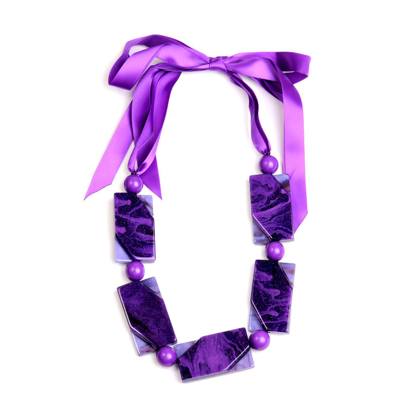 Women's Purple Acrylic Ribbon Short Beads Of Silk Necklace