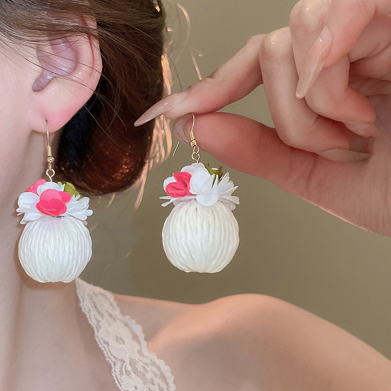 Net Yarn Flowers Tassel Fresh Sweet Earrings