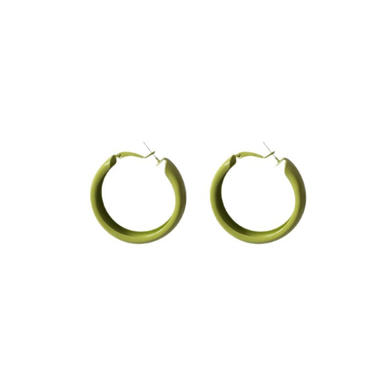 Sier Needle Style Avocado Green Graceful Geometric Big Circle Daily Stud Earrings