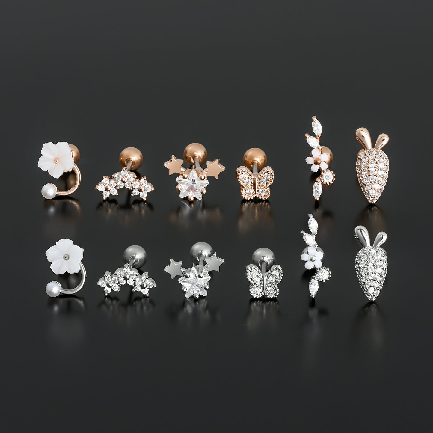 Mori Style Fresh Zircon Flower Ear Bone Stainless Steel Fine Stud Earrings