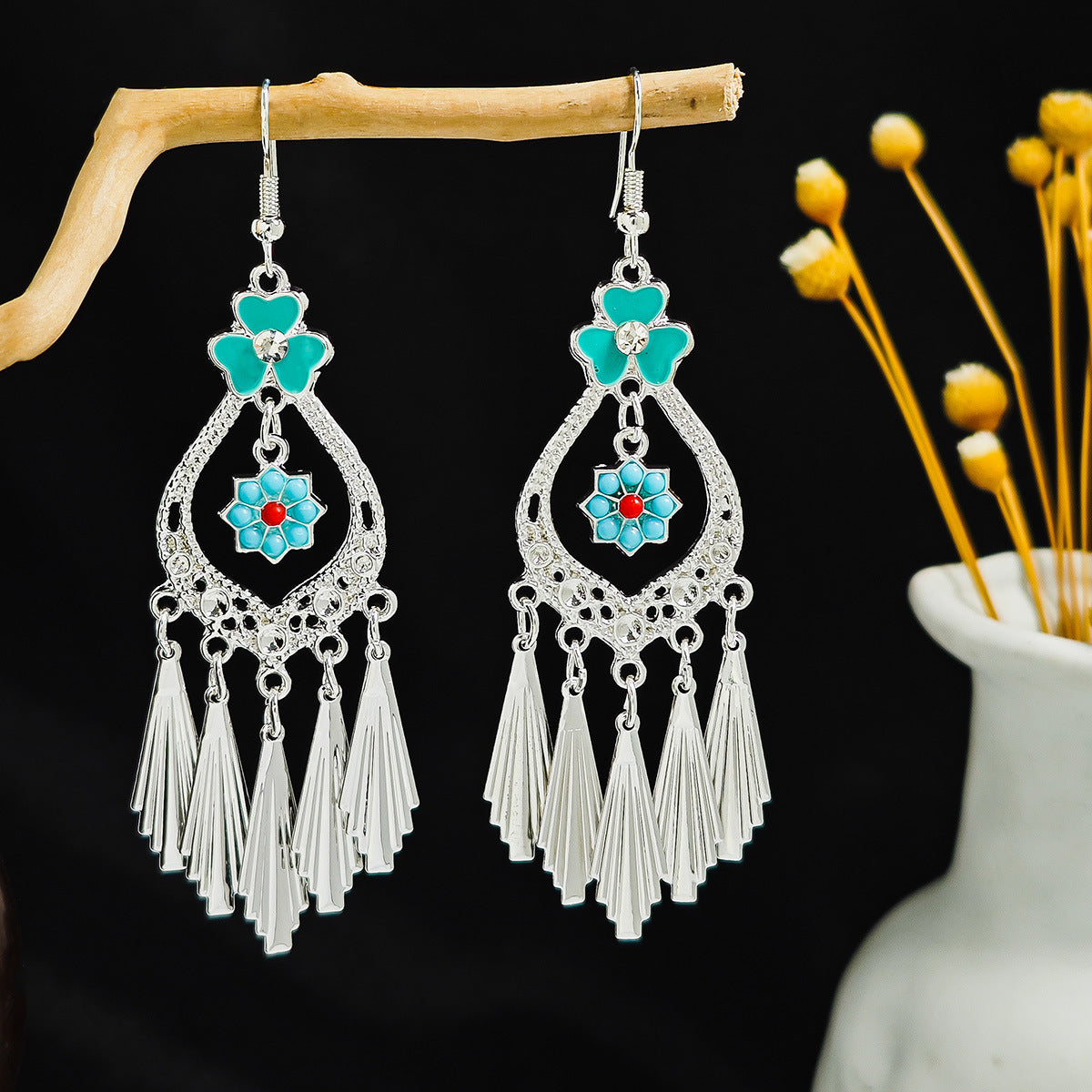 Miao Sier Colorful Long Feather Tassel Rings