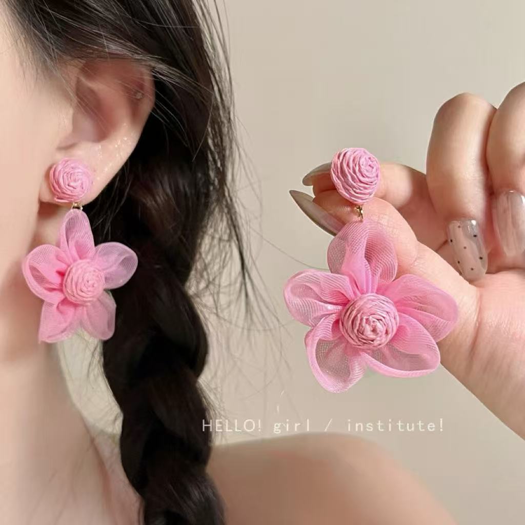 Women's Super Fairy Dopamine Color Mesh Flower Tassel For Unique Beautiful Earrings