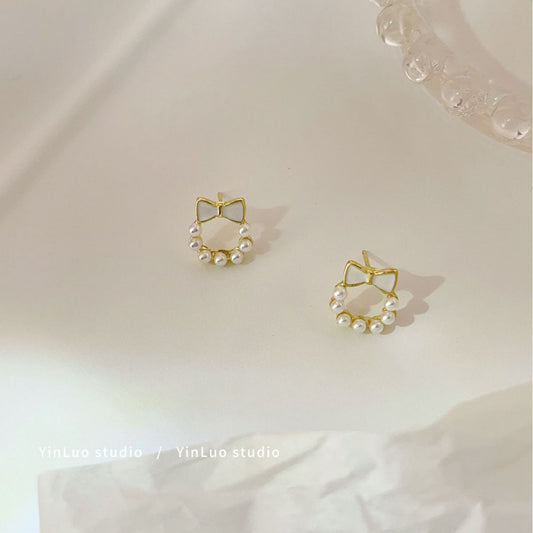 Women's Bowknot Pearl Trendy Small Sterling Sier Stud Earrings