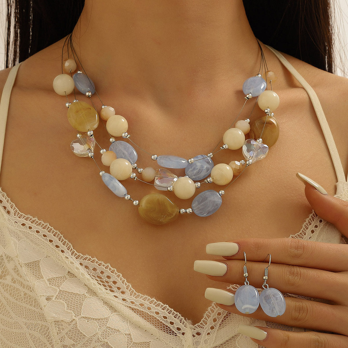 Women's Fashion Style Korean Love Pink Beaded Simple Graceful Jewelry Set