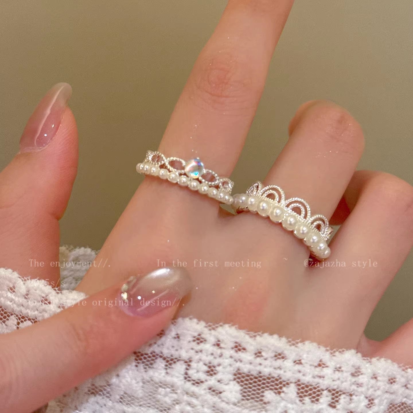 Women's Pearl Lace Open Exquisite Twin Fashion Minority Design Index Ring