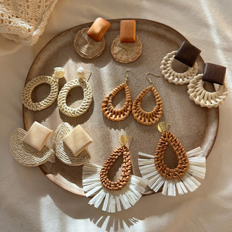 Style Sier Needle Resin Rattan Beads Round Fashion Earrings