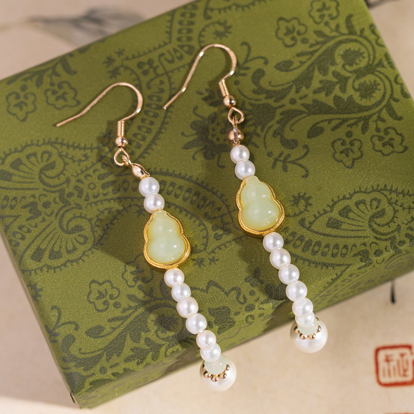 Fortune Gourd Retro Style Pearl Long Eardrop Rings