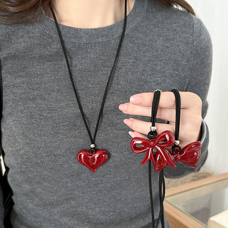 Women's Red Bow Love Long Black Leather Necklaces