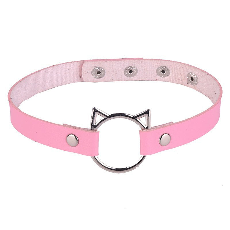 Women's Punk Leather Cat Face Necklet Neckband Short Cute Necklaces